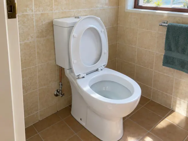 Clean white toilet in a tiled bathroom with a window and towel rail in Newport