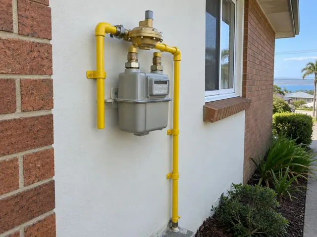 Outdoor gas meter with yellow pipework on a brick and rendered house wall in Collaroy
